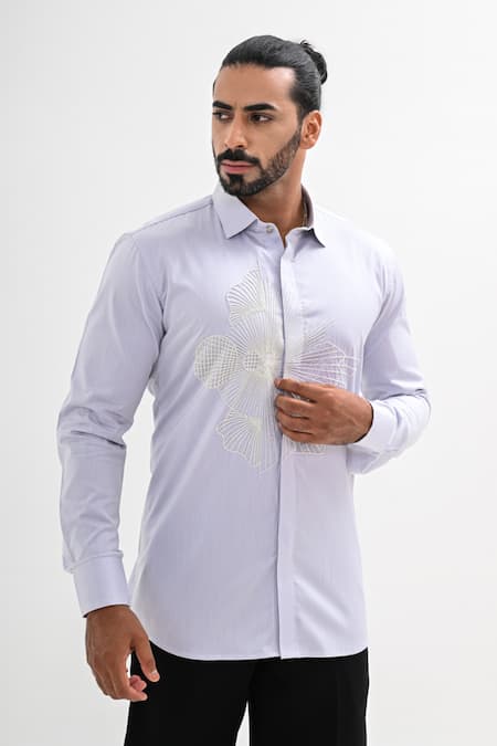 Kalpana Naik_Gray Cotton Satin Embroidery Grey Mist Hand Shirt _at_Aza_Fashions
