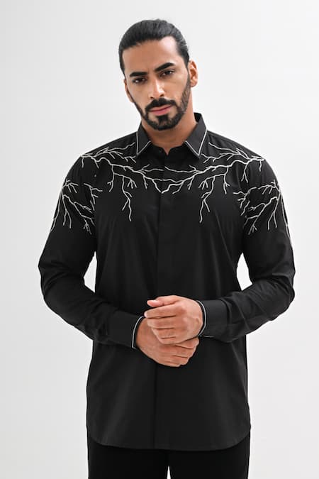 Buy_Kalpana Naik_Black Cotton Satin Embroidery, Beads Electric Pulse Hand Shirt _Online_at_Aza_Fashions