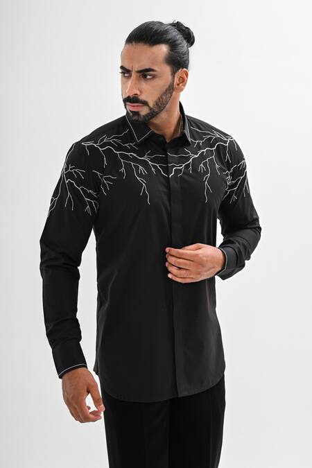 Shop_Kalpana Naik_Black Cotton Satin Embroidery, Beads Electric Pulse Hand Shirt _Online_at_Aza_Fashions