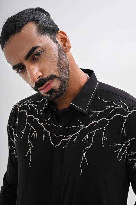 Kalpana Naik_Black Cotton Satin Embroidery, Beads Electric Pulse Hand Shirt _at_Aza_Fashions