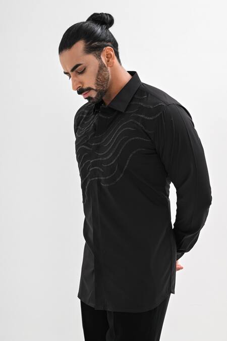 Kalpana Naik_Black Cotton Satin Embroidery Echo Storm Hand Shirt _Online_at_Aza_Fashions