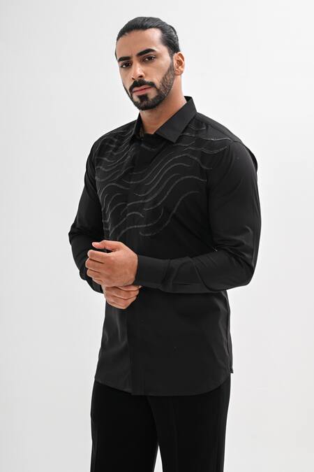Buy_Kalpana Naik_Black Cotton Satin Embroidery Echo Storm Hand Shirt _Online_at_Aza_Fashions