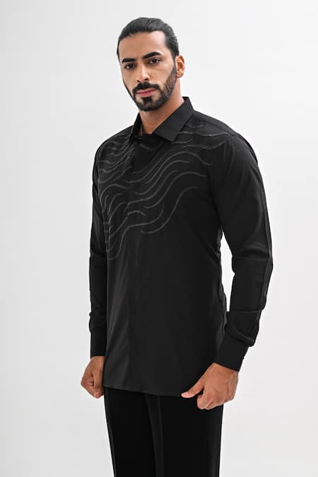 Kalpana Naik_Black Cotton Satin Embroidery Echo Storm Hand Shirt _at_Aza_Fashions