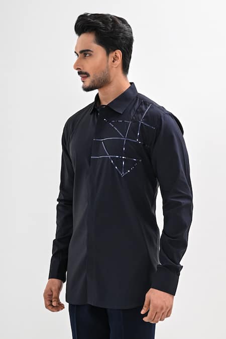 Kalpana Naik_Navy Cotton Satin Embroidery Tempest Lines Hand Shirt _Online_at_Aza_Fashions