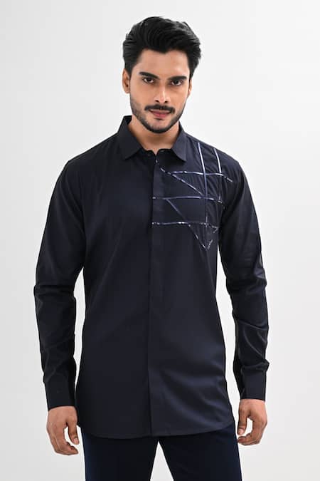 Buy_Kalpana Naik_Navy Cotton Satin Embroidery Tempest Lines Hand Shirt _Online_at_Aza_Fashions