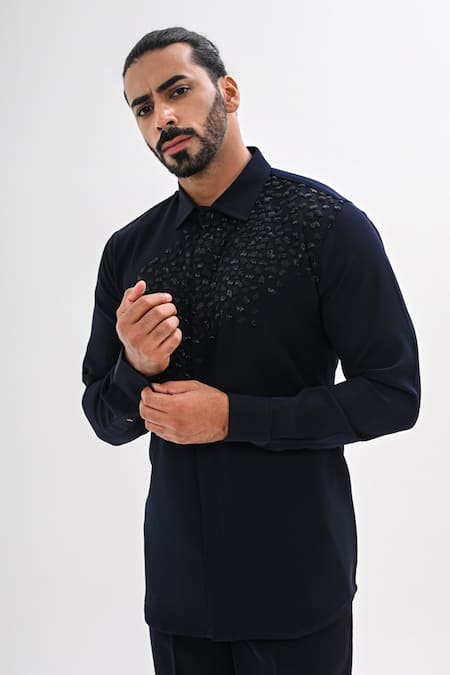 Buy_Kalpana Naik_Navy Crepe Embroidery, Beads Contour Play Hand Shirt _Online_at_Aza_Fashions