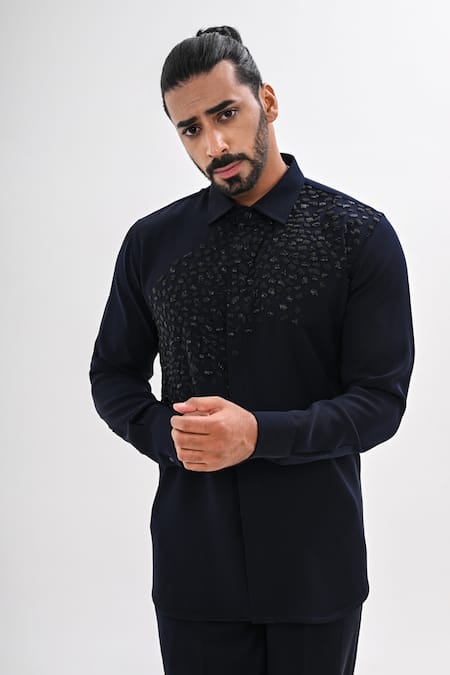 Buy_Kalpana Naik_Navy Crepe Embroidery, Beads Contour Play Hand Shirt 