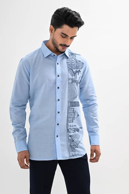 Kalpana Naik_Sky Blue Linen Embroidery Wonders Of Thread Hand Shirt _Online_at_Aza_Fashions