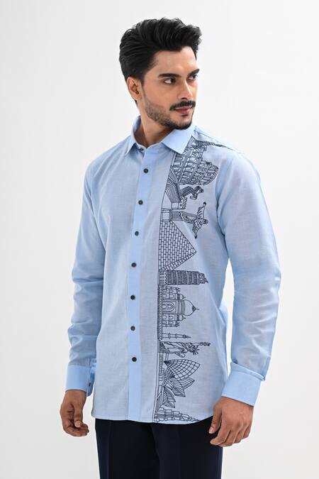 Buy_Kalpana Naik_Sky Blue Linen Embroidery Wonders Of Thread Hand Shirt _Online_at_Aza_Fashions