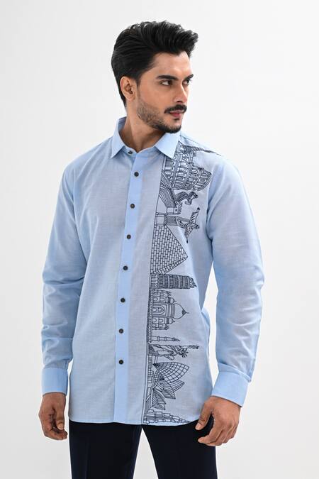 Shop_Kalpana Naik_Sky Blue Linen Embroidery Wonders Of Thread Hand Shirt _Online_at_Aza_Fashions