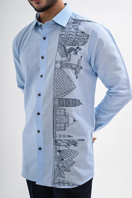 Kalpana Naik_Sky Blue Linen Embroidery Wonders Of Thread Hand Shirt _at_Aza_Fashions