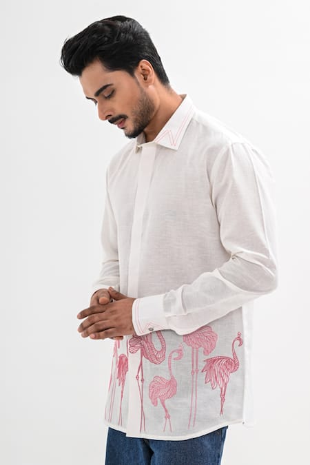 Buy_Kalpana Naik_White Linen Embroidery Tropical Muse Hand Shirt _Online_at_Aza_Fashions