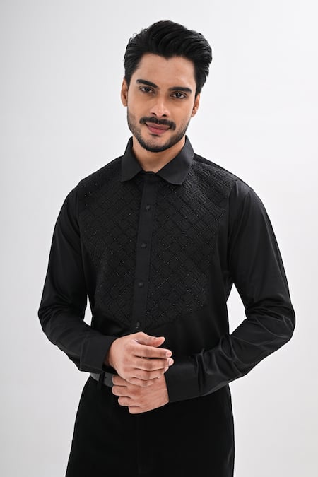 Kalpana Naik Black Cotton Satin Embroidery, Beads Quilted Hand Shirt Online at Aza Fashions Kalpana Naik_Black Cotton Satin Embroidery, Beads Quilted Hand Shirt _Online_at_Aza_Fashions
