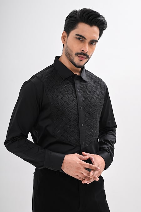 Shop Kalpana Naik Black Cotton Satin Embroidery, Beads Quilted Hand Shirt at Aza Fashions Shop_Kalpana Naik_Black Cotton Satin Embroidery, Beads Quilted Hand Shirt _at_Aza_Fashions