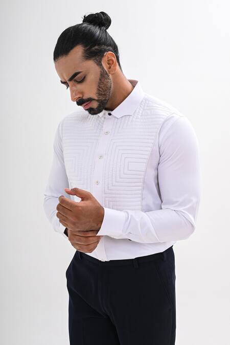 Kalpana Naik White Cotton Satin Embroidery Quilted Hand Shirt Online at Aza Fashions Kalpana Naik_White Cotton Satin Embroidery Quilted Hand Shirt _Online_at_Aza_Fashions