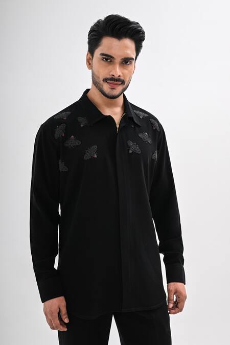 Buy Kalpana Naik Black Crepe Embroidery, Beads Nectaring Threads Hand Shirt Online at Aza Fashions Buy_Kalpana Naik_Black Crepe Embroidery, Beads Nectaring Threads Hand Shirt _Online_at_Aza_Fashions