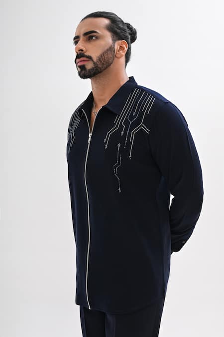 Kalpana Naik_Navy Crepe Embroidery, Beads Linear Flow Hand Zipper Shirt _Online_at_Aza_Fashions