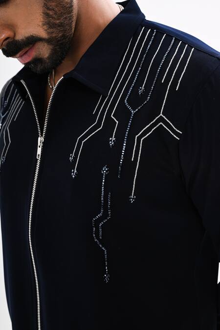 Shop_Kalpana Naik_Navy Crepe Embroidery, Beads Linear Flow Hand Zipper Shirt _Online_at_Aza_Fashions