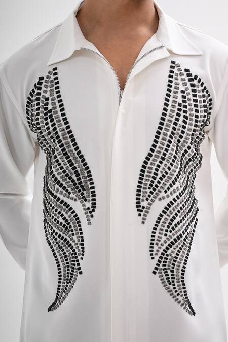 Shop_Kalpana Naik_White Crepe Embroidery, Beads Aqua Graphica Hand Shirt _Online_at_Aza_Fashions