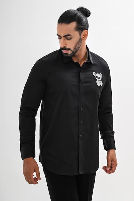 Kalpana Naik Black Cotton Satin Crystals, Embroidery Bear Hand Shirt Online at Aza Fashions Kalpana Naik_Black Cotton Satin Crystals, Embroidery Bear Hand Shirt _Online_at_Aza_Fashions