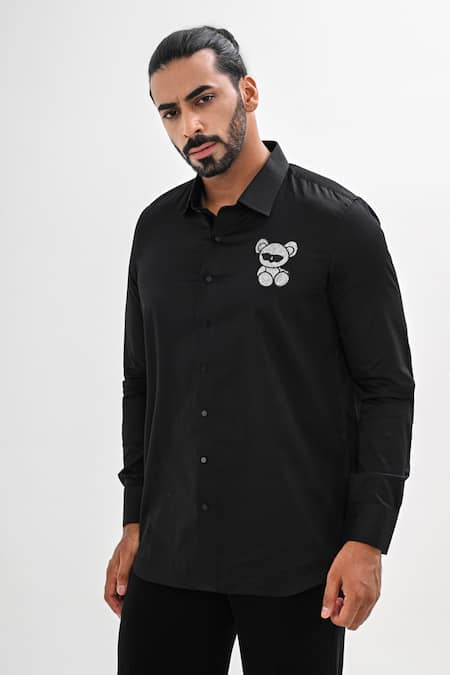 Kalpana Naik Black Cotton Satin Crystals, Embroidery Bear Hand Shirt 