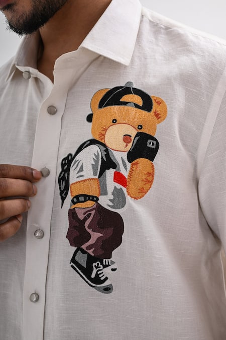 Kalpana Naik White Linen Embroidery Nomad Bear Hand Shirt Online at Aza Fashions Kalpana Naik_White Linen Embroidery Nomad Bear Hand Shirt _Online_at_Aza_Fashions