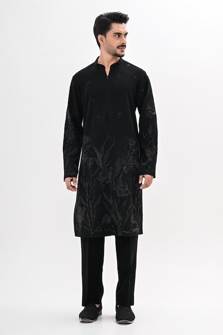 Kalpana Naik_Black Crepe Embroidery Gulzaar Hand Kurta Set _Online_at_Aza_Fashions