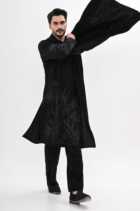 Shop_Kalpana Naik_Black Crepe Embroidery Gulzaar Hand Kurta Set _Online_at_Aza_Fashions