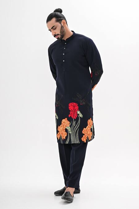 Buy_Kalpana Naik_Navy Crepe Embroidery Rang Bahar Hand Kurta Set _Online_at_Aza_Fashions