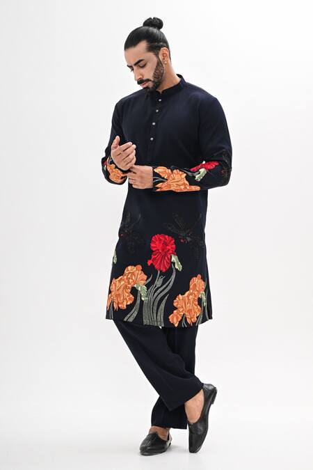 Shop_Kalpana Naik_Navy Crepe Embroidery Rang Bahar Hand Kurta Set _Online_at_Aza_Fashions