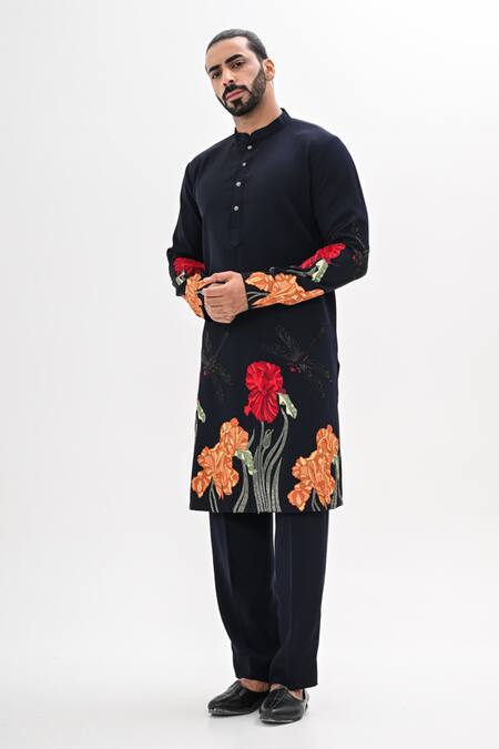 Kalpana Naik_Navy Crepe Embroidery Rang Bahar Hand Kurta Set _at_Aza_Fashions
