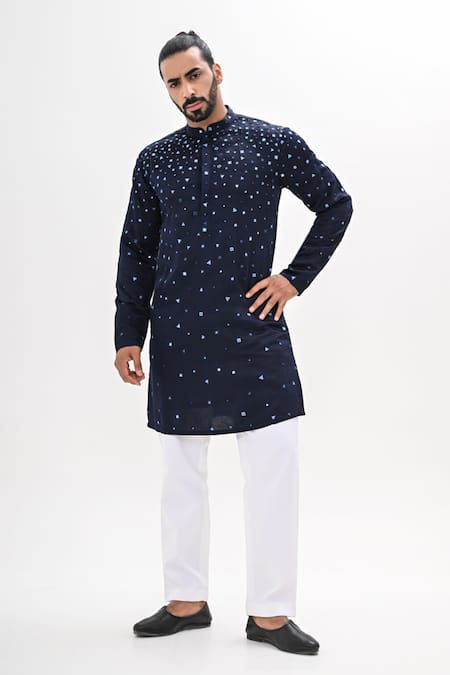 Kalpana Naik Navy Linen, Satin Embroidery Crystal Maze Hand Kurta Set 