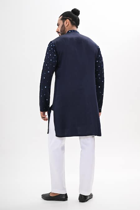 Shop Kalpana Naik Navy Linen, Satin Embroidery Crystal Maze Hand Kurta Set at Aza Fashions Shop_Kalpana Naik_Navy Linen, Satin Embroidery Crystal Maze Hand Kurta Set _at_Aza_Fashions