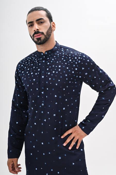 Shop Kalpana Naik Navy Linen, Satin Embroidery Crystal Maze Hand Kurta Set Online at Aza Fashions Shop_Kalpana Naik_Navy Linen, Satin Embroidery Crystal Maze Hand Kurta Set _Online_at_Aza_Fashions