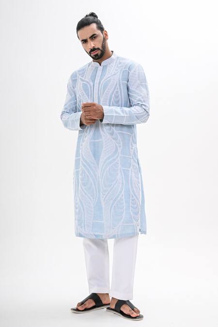 Kalpana Naik_Sky Blue Bemberg, Silk Embroidery Aqua Mirage Hand Kurta Set _Online_at_Aza_Fashions