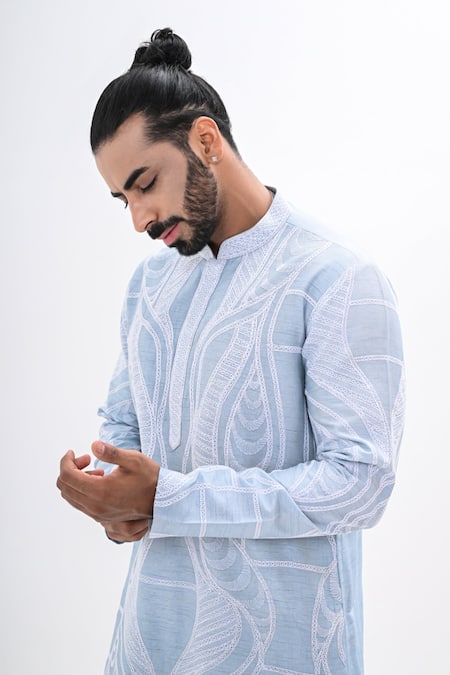 Shop_Kalpana Naik_Sky Blue Bemberg, Silk Embroidery Aqua Mirage Hand Kurta Set _Online_at_Aza_Fashions