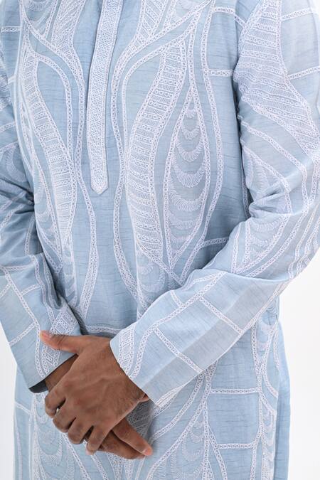 Kalpana Naik_Sky Blue Bemberg, Silk Embroidery Aqua Mirage Hand Kurta Set _at_Aza_Fashions