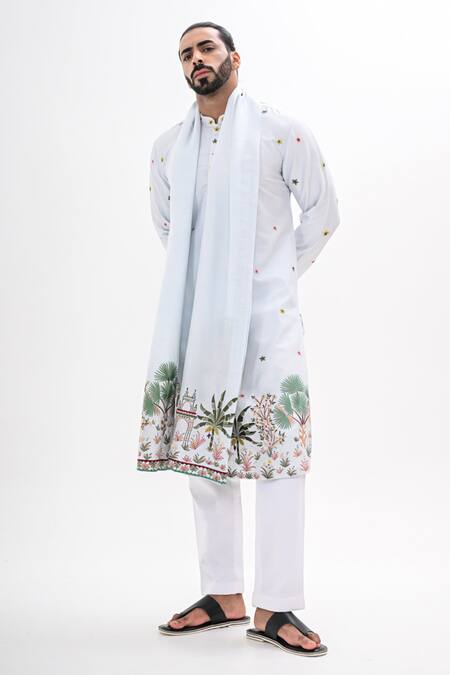 Kalpana Naik_Sky Blue Bemberg, Silk Embroidery Rang Darbaar Hand Kurta Set _Online_at_Aza_Fashions