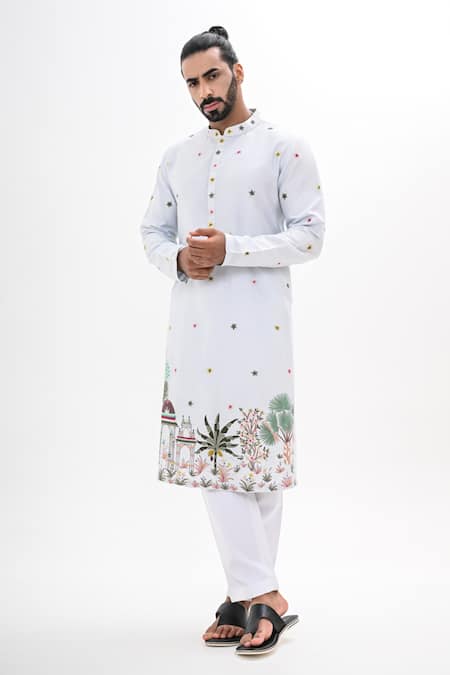 Buy_Kalpana Naik_Sky Blue Bemberg, Silk Embroidery Rang Darbaar Hand Kurta Set _Online_at_Aza_Fashions