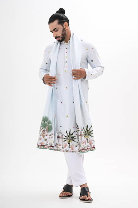 Kalpana Naik_Sky Blue Bemberg, Silk Embroidery Rang Darbaar Hand Kurta Set _at_Aza_Fashions