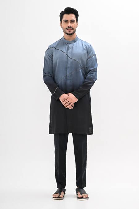 Kalpana Naik_Gray Linen, Satin Horizon Ombre Kurta And Pant Set _Online_at_Aza_Fashions