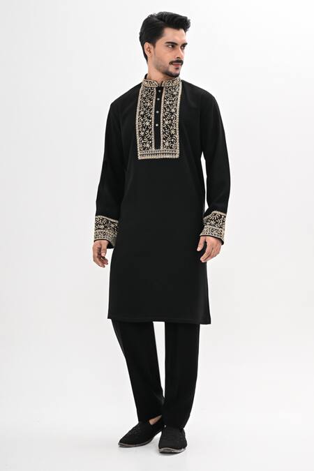 Kalpana Naik_Black Embroidery Shab Gul Hand Kurta Set _Online_at_Aza_Fashions