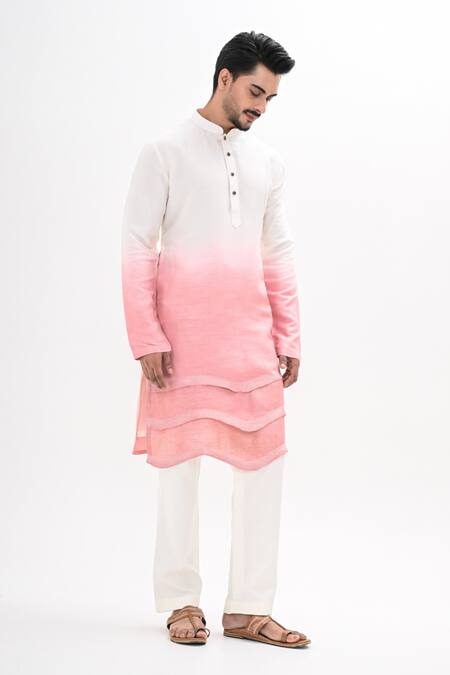 Kalpana Naik_Off White Bemberg, Silk Pink Ombre Kurta And Pant Set _at_Aza_Fashions