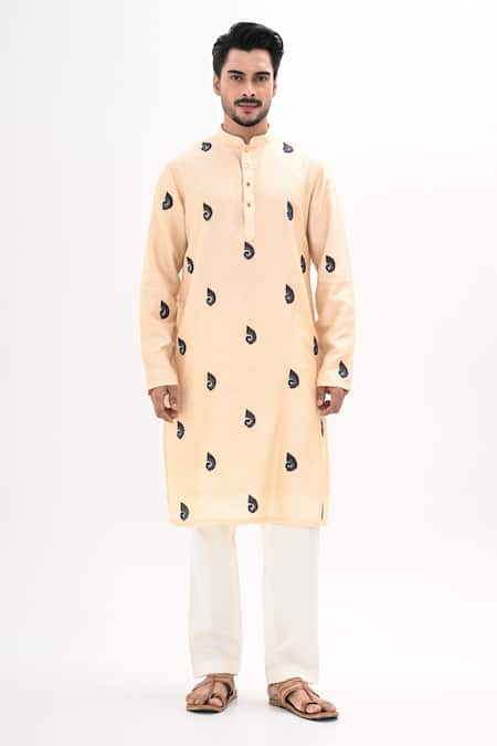 Kalpana Naik_Cream Bemberg, Silk Embroidery Peacock Motif Hand Kurta Set _Online_at_Aza_Fashions
