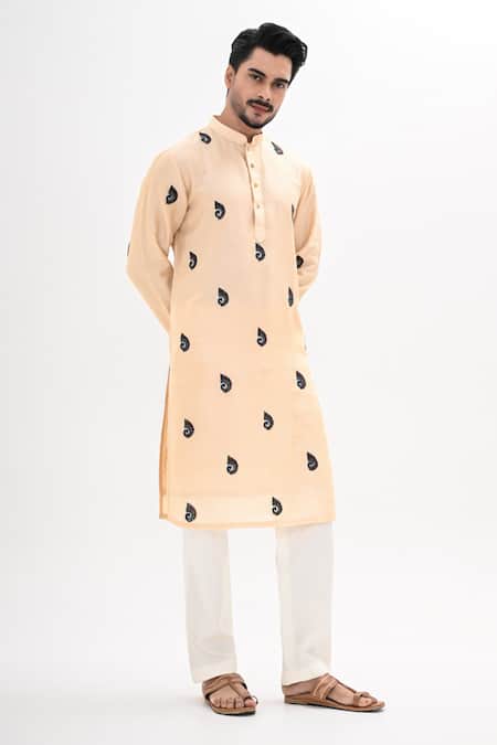 Buy_Kalpana Naik_Cream Bemberg, Silk Embroidery Peacock Motif Hand Kurta Set _Online_at_Aza_Fashions