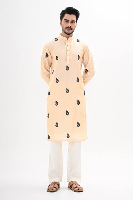 Shop_Kalpana Naik_Cream Bemberg, Silk Embroidery Peacock Motif Hand Kurta Set _Online_at_Aza_Fashions