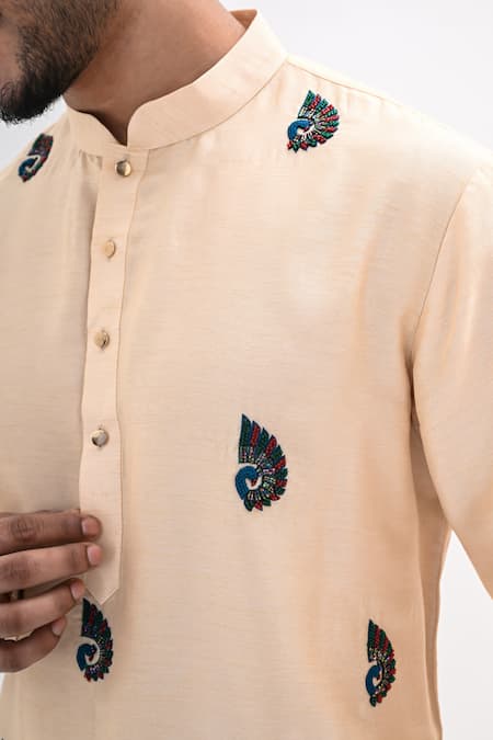 Buy_Kalpana Naik_Cream Bemberg, Silk Embroidery Peacock Motif Hand Kurta Set 