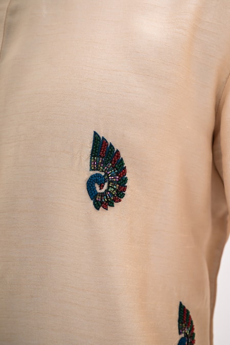 Shop_Kalpana Naik_Cream Bemberg, Silk Embroidery Peacock Motif Hand Kurta Set 