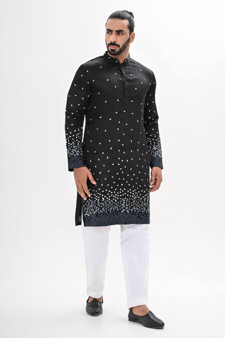 Buy_Kalpana Naik_Black Linen, Satin Embroidery Ombre Onyx Hand Kurta Set _Online_at_Aza_Fashions