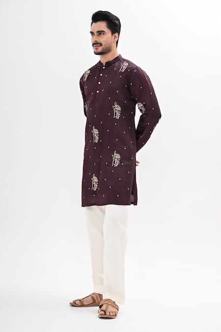 Kalpana Naik_Wine Linen, Satin Embroidery Bloom Hand Kurta Set _Online_at_Aza_Fashions